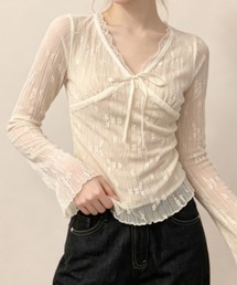 Vネックレースリボンタイ切り替えTシャツ