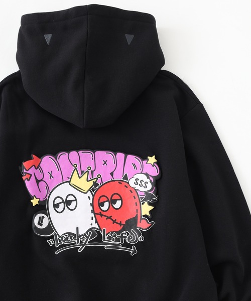 FUNALIVE(ファンアライブ)の「ストレッチ裏起毛 お化け柄長袖ZIPパーカー(パーカー・メンズ・ブラック/ホワイト・M/L)」の1枚目の写真