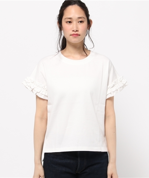 REAL CUBE（リアルキューブ）の「袖口フリルコットンプルオーバー（Tシャツ/カットソー・レディース・ホワイト×ネイビー/ネイビー/カーキ/オフホワイト/グレー・M）」の6枚目の写真