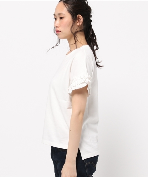 REAL CUBE（リアルキューブ）の「袖口フリルコットンプルオーバー（Tシャツ/カットソー・レディース・ホワイト×ネイビー/ネイビー/カーキ/オフホワイト/グレー・M）」の7枚目の写真