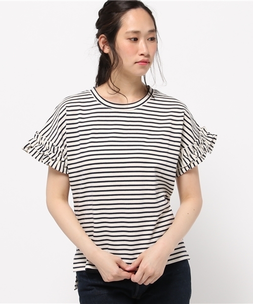 REAL CUBE（リアルキューブ）の「袖口フリルコットンプルオーバー（Tシャツ/カットソー・レディース・ホワイト×ネイビー/ネイビー/カーキ/オフホワイト/グレー・M）」の13枚目の写真