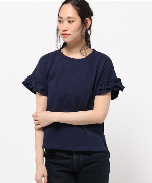 REAL CUBE（リアルキューブ）の「袖口フリルコットンプルオーバー（Tシャツ/カットソー・レディース・ホワイト×ネイビー/ネイビー/カーキ/オフホワイト/グレー・M）」の14枚目の写真