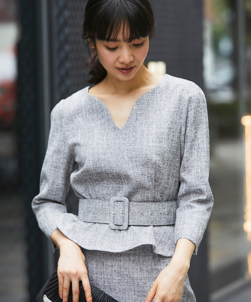 ツイード素材ペプラムセットアップ セットアップ 3点セット セットアップ セール Smile ベルト Orchid スマイルオーキッド のファッション トップス 3点セット トップス ベルト スカート