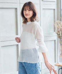 プリーツ袖シャーリングシアーブラウス