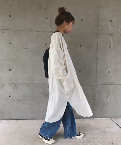 ulu(ウル)の「original cotton overshirt onepiece gown(シャツワンピース・レディース・ブラック/ナチュラル・FREE)」の1枚目の写真