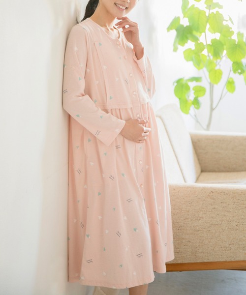 天竺授乳口付きネグリジェ ワンピースタイプ 長袖 マタニティパジャマ