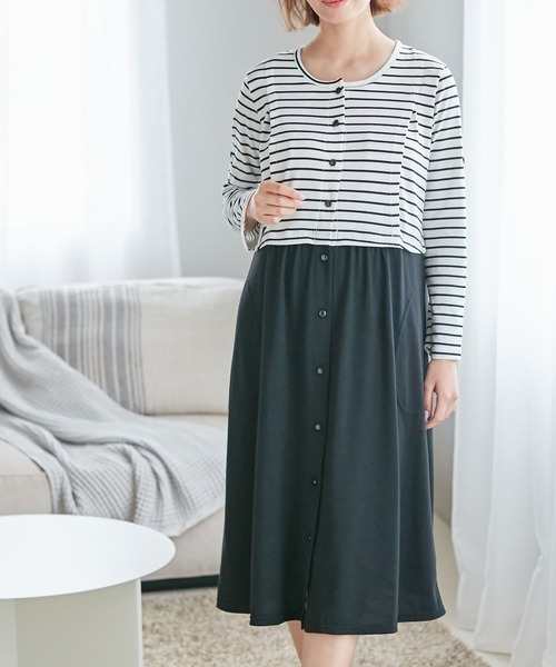 天竺授乳口付きネグリジェ ワンピースタイプ 長袖 マタニティパジャマ