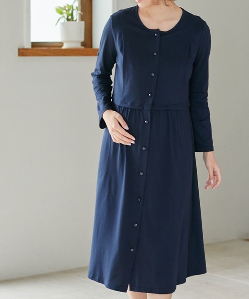 天竺授乳口付きネグリジェ ワンピースタイプ 長袖 マタニティパジャマ