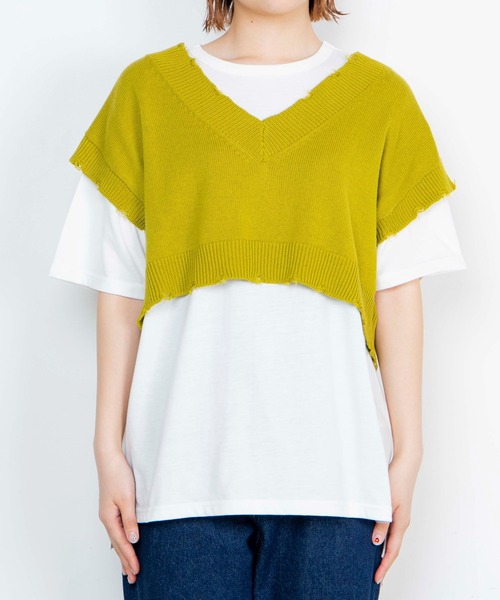 WEGO（ウィゴー）の「WEGO/【2点セット】Tシャツセットダメージショートニットベスト（ベスト・レディース・ライム/オレンジ/ブラック/アイボリー・FREE）」の7枚目の写真