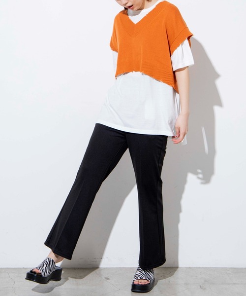 WEGO（ウィゴー）の「WEGO/【2点セット】Tシャツセットダメージショートニットベスト（ベスト・レディース・ライム/オレンジ/ブラック/アイボリー・FREE）」の9枚目の写真