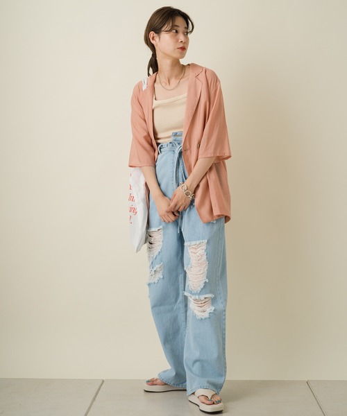 Kastane（カスタネ）の「シアー五分袖シャツジャケット（テーラードジャケット・レディース・ホワイト系その他/グリーン系その他/ピンク・FREE）」の14枚目の写真