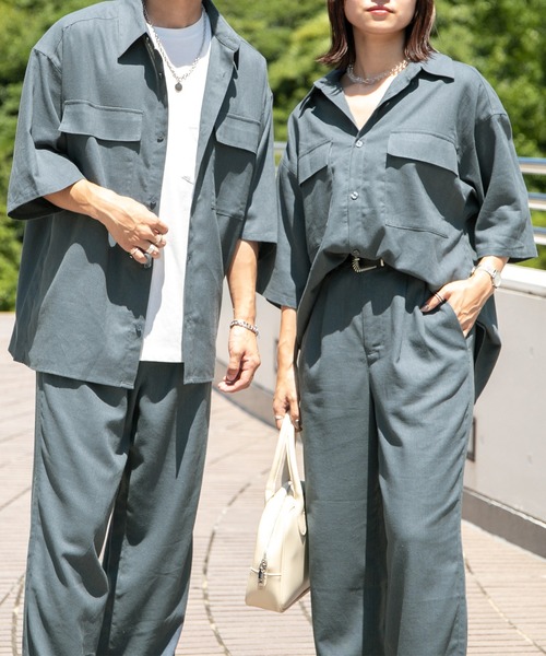 PairPair（ペアペア）の「コットンリネンBIGシャツ/セットアップ対応(ユニセックス)（セットアップ・レディース・ライトブラウン/ライトカーキ/グレイッシュブルー・MEDIUM/LARGE）」の3枚目の写真