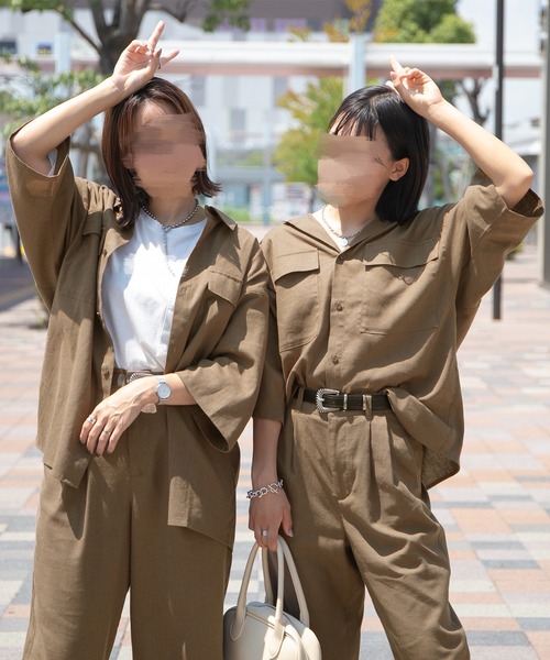 PairPair（ペアペア）の「コットンリネンBIGシャツ/セットアップ対応(ユニセックス)（セットアップ・レディース・ライトブラウン/ライトカーキ/グレイッシュブルー・MEDIUM/LARGE）」の7枚目の写真