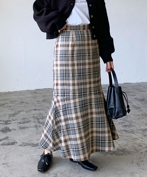 LIAN（リアン）の「マドラスチェックマーメイドスカート（スカート・レディース・ベージュ/グレー・FREE）」の2枚目の写真