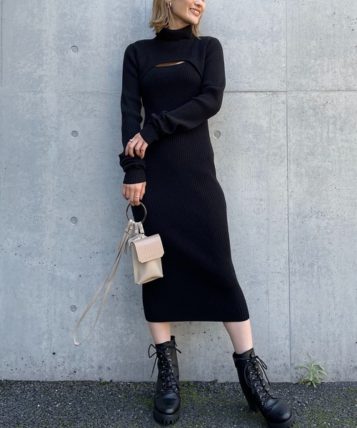 SPIRALGIRL（スパイラルガール）の「バストオープン2wayタートルネックリブワンピース（ワンピース・レディース・ブラック/ベージュ/グレー・FREE）」の2枚目の写真