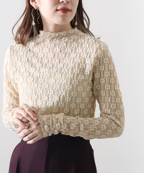 Cheek(チーク)の「レースハイネックTOPS(Tシャツ/カットソー・レディース・アイボリー/オフホワイト/ブラック・MEDIUM)」の1枚目の写真