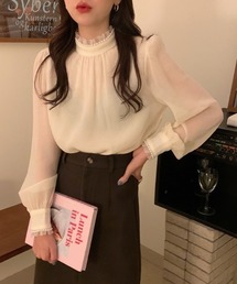 パール襟シースルーシフォンブラウス