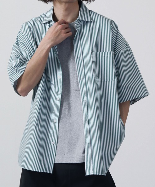 FUNALIVE（ファンアライブ）の「ブロード ビッグシルエット ストライプ/無地 半袖シャツ（シャツ/ブラウス・メンズ・サックスブルー/イエロー/グレイッシュベージュ/ラベンダー/ブルー系その他/ホワイト系その他/グリーン/ブラック/ホワイト/ブラック系その他/グリーン系その他・M/XL/L）」の7枚目の写真