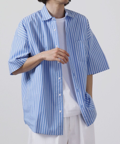 FUNALIVE（ファンアライブ）の「ブロード ビッグシルエット ストライプ/無地 半袖シャツ（シャツ/ブラウス・メンズ・サックスブルー/イエロー/グレイッシュベージュ/ラベンダー/ブルー系その他/ホワイト系その他/グリーン/ブラック/ホワイト/ブラック系その他/グリーン系その他・M/XL/L）」の9枚目の写真