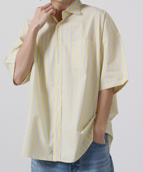 FUNALIVE（ファンアライブ）の「ブロード ビッグシルエット ストライプ/無地 半袖シャツ（シャツ/ブラウス・メンズ・サックスブルー/イエロー/グレイッシュベージュ/ラベンダー/ブルー系その他/ホワイト系その他/グリーン/ブラック/ホワイト/ブラック系その他/グリーン系その他・M/XL/L）」の11枚目の写真