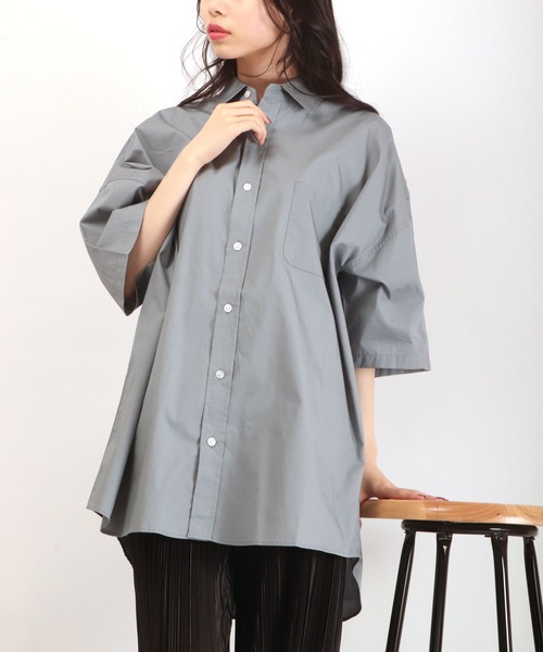 FUNALIVE（ファンアライブ）の「ブロード ビッグシルエット ストライプ/無地 半袖シャツ（シャツ/ブラウス・メンズ・サックスブルー/イエロー/グレイッシュベージュ/ラベンダー/ブルー系その他/ホワイト系その他/グリーン/ブラック/ホワイト/ブラック系その他/グリーン系その他・M/XL/L）」の21枚目の写真