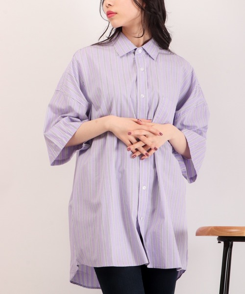 FUNALIVE（ファンアライブ）の「ブロード ビッグシルエット ストライプ/無地 半袖シャツ（シャツ/ブラウス・メンズ・サックスブルー/イエロー/グレイッシュベージュ/ラベンダー/ブルー系その他/ホワイト系その他/グリーン/ブラック/ホワイト/ブラック系その他/グリーン系その他・M/XL/L）」の17枚目の写真
