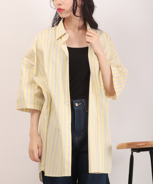 FUNALIVE（ファンアライブ）の「ブロード ビッグシルエット ストライプ/無地 半袖シャツ（シャツ/ブラウス・メンズ・サックスブルー/イエロー/グレイッシュベージュ/ラベンダー/ブルー系その他/ホワイト系その他/グリーン/ブラック/ホワイト/ブラック系その他/グリーン系その他・M/XL/L）」の19枚目の写真