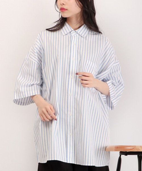 FUNALIVE（ファンアライブ）の「ブロード ビッグシルエット ストライプ/無地 半袖シャツ（シャツ/ブラウス・メンズ・サックスブルー/イエロー/グレイッシュベージュ/ラベンダー/ブルー系その他/ホワイト系その他/グリーン/ブラック/ホワイト/ブラック系その他/グリーン系その他・M/XL/L）」の14枚目の写真