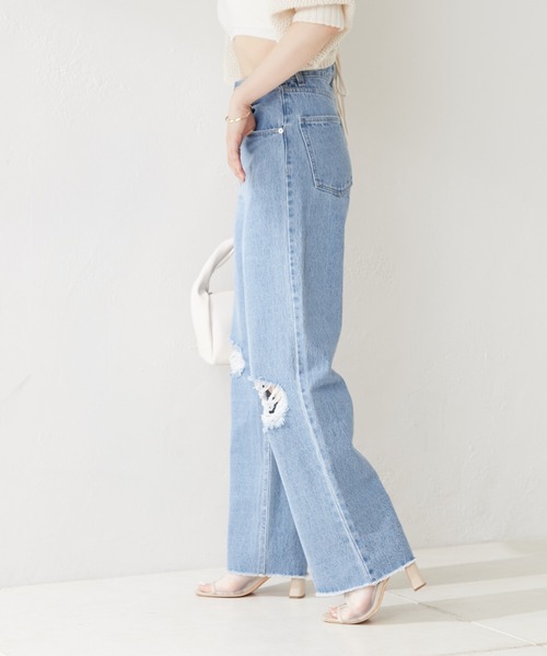 【WEB限定カラーあり】ダメージワイドデニムパンツ