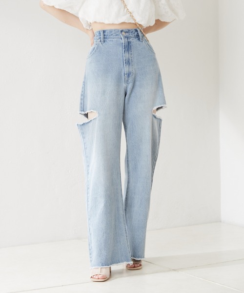 【WEB限定カラーあり】ダメージワイドデニムパンツ