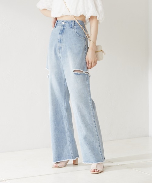 【WEB限定カラーあり】ダメージワイドデニムパンツ