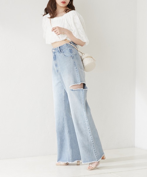 【WEB限定カラーあり】ダメージワイドデニムパンツ
