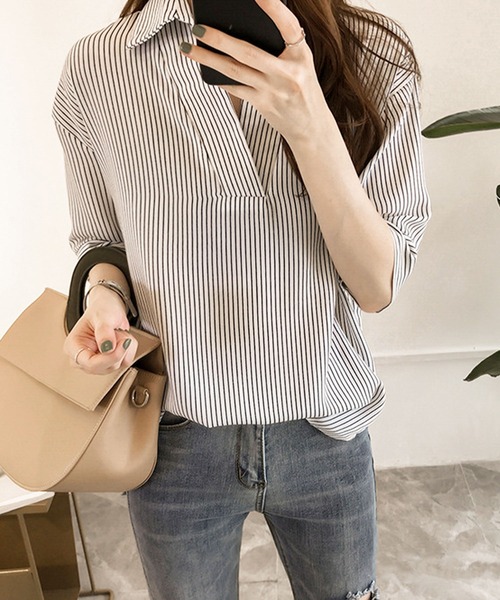 Amulet(アミュレット)の「5分袖ストライプシャツ(シャツ/ブラウス・レディース・ホワイト/ネイビー/ピンク・M/L/XL)」の5枚目の写真