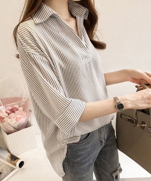 Amulet(アミュレット)の「5分袖ストライプシャツ(シャツ/ブラウス・レディース・ホワイト/ネイビー/ピンク・M/L/XL)」の9枚目の写真