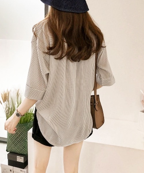 Amulet(アミュレット)の「5分袖ストライプシャツ(シャツ/ブラウス・レディース・ホワイト/ネイビー/ピンク・M/L/XL)」の10枚目の写真