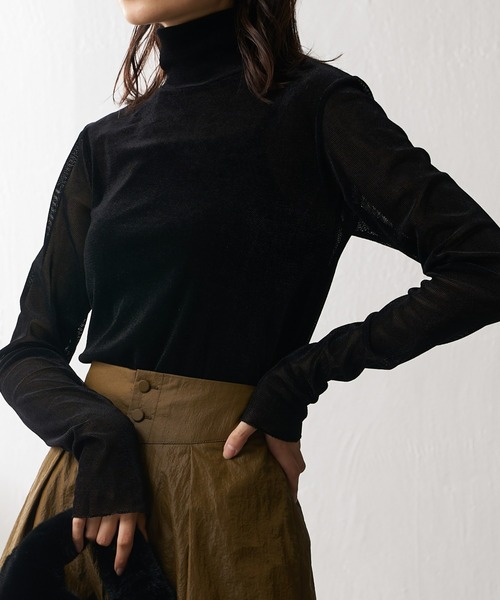 Lui's（ルイス）の「ベロアメッシュハイネックトップス（Tシャツ/カットソー・レディース・ネイビー/ブラック/グレイッシュベージュ・FREE）」の2枚目の写真