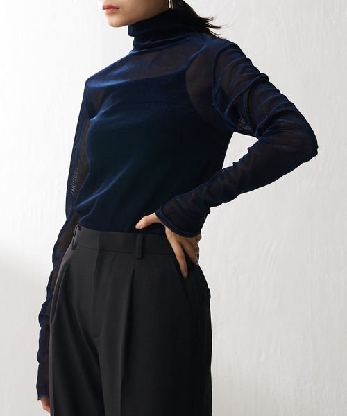 Lui's（ルイス）の「ベロアメッシュハイネックトップス（Tシャツ/カットソー・レディース・ネイビー/ブラック/グレイッシュベージュ・FREE）」の12枚目の写真