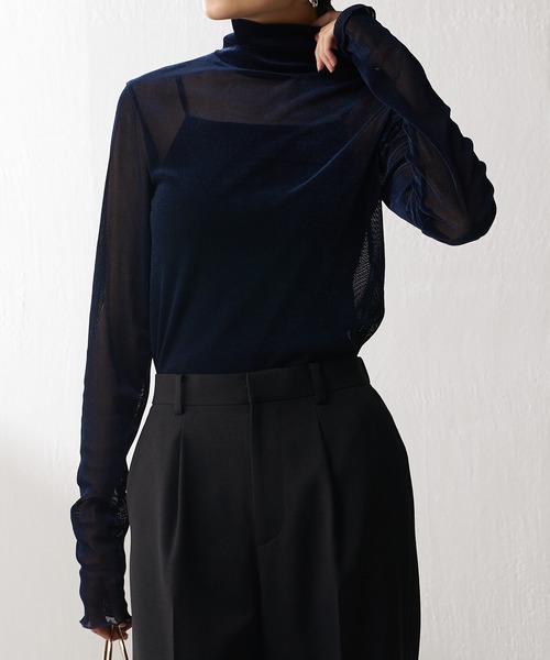 Lui's（ルイス）の「ベロアメッシュハイネックトップス（Tシャツ/カットソー・レディース・ネイビー/ブラック/グレイッシュベージュ・FREE）」の13枚目の写真