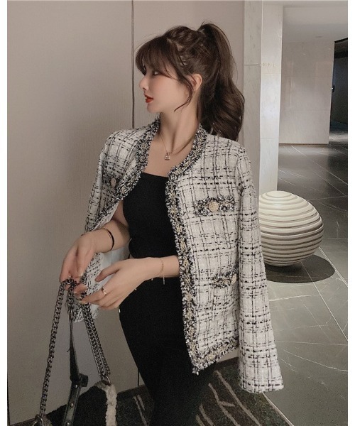 Ritzy（リッツィー）の「ノーカラーツィードジャケット（ノーカラージャケット・レディース・ホワイト/ブラック・M/L）」の6枚目の写真