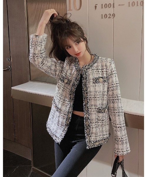 Ritzy（リッツィー）の「ノーカラーツィードジャケット（ノーカラージャケット・レディース・ホワイト/ブラック・M/L）」の3枚目の写真