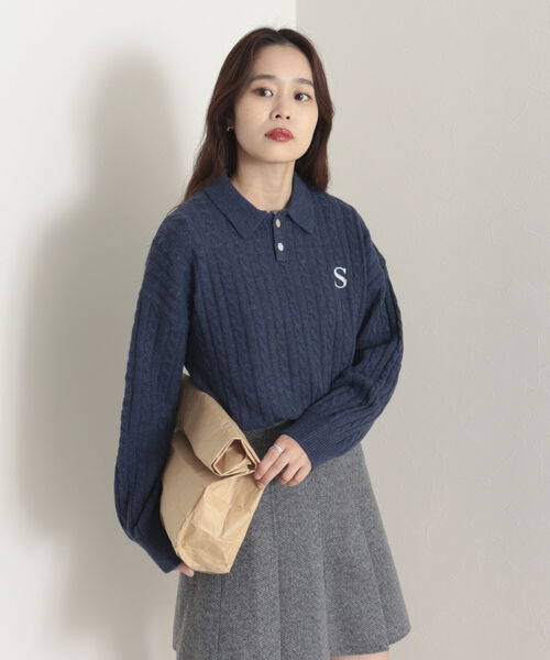 onulsoha（オヌルソハ）の「ポロ衿ケーブル柄ニット（ニット/セーター・レディース・ライトグレー/グリーン/ネイビー・38）」の5枚目の写真