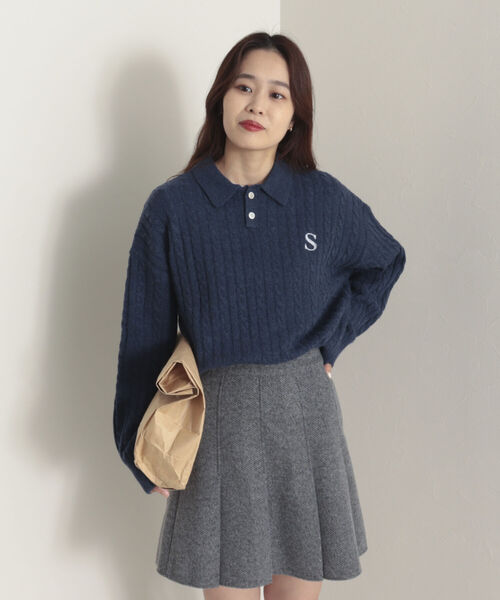 onulsoha（オヌルソハ）の「ポロ衿ケーブル柄ニット（ニット/セーター・レディース・ライトグレー/グリーン/ネイビー・38）」の16枚目の写真