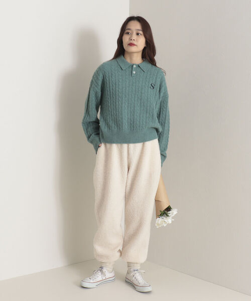 onulsoha（オヌルソハ）の「ポロ衿ケーブル柄ニット（ニット/セーター・レディース・ライトグレー/グリーン/ネイビー・38）」の6枚目の写真