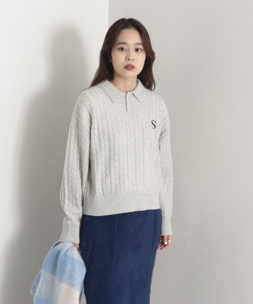 onulsoha（オヌルソハ）の「ポロ衿ケーブル柄ニット（ニット/セーター・レディース・ライトグレー/グリーン/ネイビー・38）」の18枚目の写真