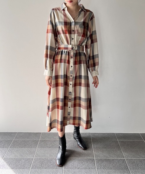 one way（ワンウェイ）の「チェックベルト付きロングワンピース