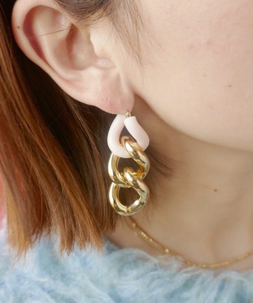 sweetpea ロングチェーン片耳ピアス　ピンク色保存袋付き Cフープロングチェーンピアス K10（両耳）（ピアス（両耳用