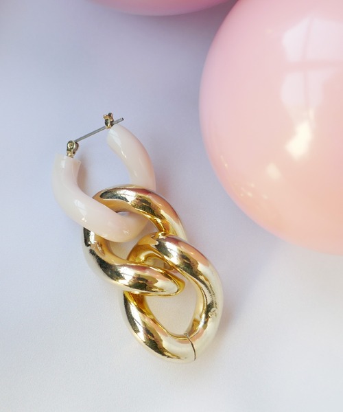 sweetpea ロングチェーン片耳ピアス　ピンク色保存袋付き ダイヤピアスチェーンイヤーカフ K10（片耳）（ピアス（片耳用