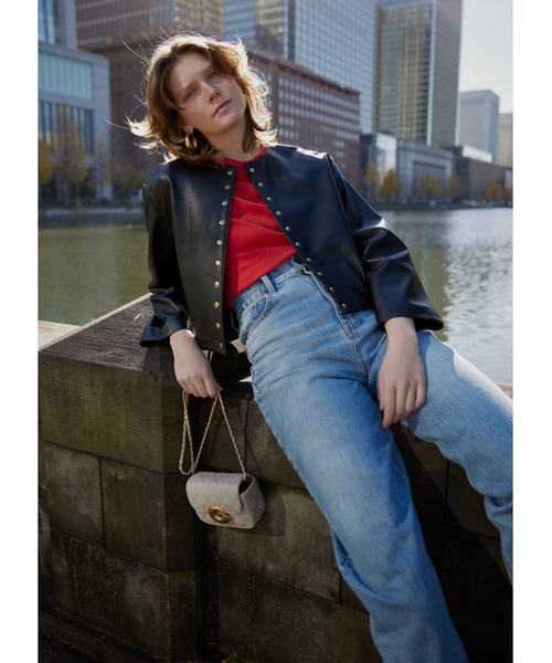 新品タグ付 Mila Owen 金釦 フェイクレザージャケット ブラック 1 Mila Owen（ミラオーウェン）の「フェイクレザー金釦カーディガン