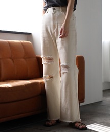 ダメージデニムワイドパンツ カラーパンツ