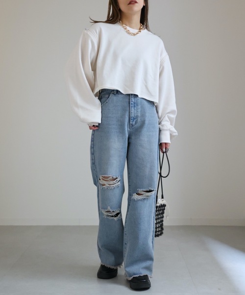 ap retro（アプレトロ）の「ダメージデニムワイドパンツ　カラーパンツ（デニムパンツ・レディース・ブルー/アイボリー/ブラック・MEDIUM/LARGE）」の22枚目の写真